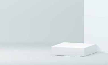 3d beyaz boş showroom kare podyum kaidesi ile duvar arkaplanı gerçekçi vektör illüstrasyonu. Moda minimalist reklam vitrin ışığı görüntüleme ürünü satış sunumu