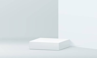 3d beyaz kare podyum sunumu gerçekçi vektör illüstrasyonu için modellenmiştir. Alış-veriş reklamı için duvar arkası arkaplanı olan hafif vitrin minimalist kaidesi