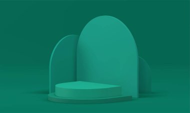 Yeşil 3d podyum kaidesel geometrik sahne gerçekçi vektör illüstrasyonunu göstermek için hazırlanıyor. Açısal duvar arkaplan tanıtım stüdyosunun iç mimarisi sunum için minimalist yarı daire görüntüsü