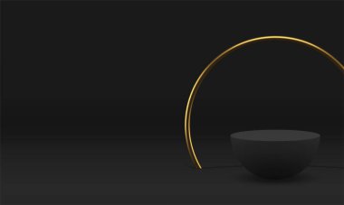 Siyah 3d yarıküre podyum kaidesi, altın daire çerçeve gerçekçi vektör illüstrasyonuyla. Erkek moda premium ürün ticari sunumu için lüks reklamcılık geometrik vitrin