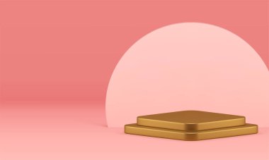 Pembe yarım daire arkaplan gerçekçi vektör illüstrasyonlu 3D altın podyum kaidesi. Dişi güzellik ürünü ticari sunumu için zarif eşkenar dörtgen platform geometrik gösterimi