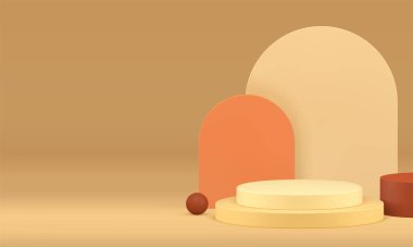Bej rengi 3d podyum geometrik şekiller, gerçekçi vektör çizimi için sergi odası iç tasarımı. Ürün sunumu için yarı daire duvar arkaplanı ve küresi olan nötr pastel silindir kaidesi