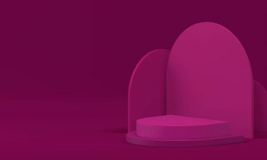 Ürün sunumu için 3d pembe yarı daire podyum kaidesi gerçekçi vektör illüstrasyonunu gösterir. Minimalist estetik vitrin geometrik şekiller promosyon iç mimarisi açısal duvar arkaplanı