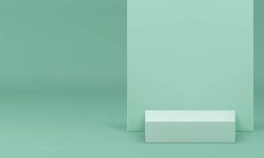 Açık yeşil 3d kare podyum kare kaidesi ve duvar arkaplanı gerçekçi vektör illüstrasyonu. Moda pastel boş vitrin görüntüleme showroom alanı oluşturma ürün sunumu için içinin maketi