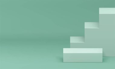 3D açık yeşil podyum kaidesi ve merdiven duvarı arka plan gerçekçi vektör çizimi. Moda pastel kare platform merdiven geometrik şekilleri ile iç ürün sunumu için maket