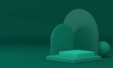 Yeşil 3d podyum sunumu gerçekçi vektör illüstrasyonunu göstermek için maket yapın. Moda minimalist estetik kare kaidesi. Alışveriş tanıtımı için açısal yarı daire duvar arkaplanı.