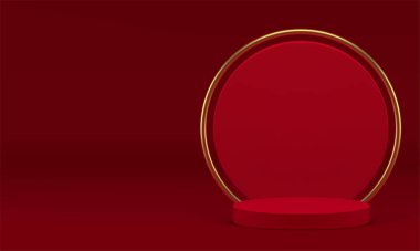 Ürün için kırmızı lüks 3d podyum kaidesi gerçekçi bir vektör illüstrasyonu gösteriyor. Moda zarif silindir sahne daire duvar arkaplan altın dekor elementi Premium alışveriş sunumu için