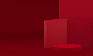3d kırmızı silindir podyum kaidesi kare açısal duvar arkaplan gerçekçi vektör illüstrasyonuyla. Ürün sunumu için moda tasarımı geometrik sergi odası minimalist vitrin sahnesi