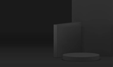 Ürün için siyah 3d podyum silindir kaidesi gerçekçi vektör illüstrasyonunu gösterir. Moda geometrik vitrin minimalist reklam görüntüsü sunum için açısal duvar arkaplanı