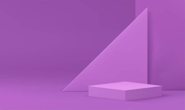 Üçgen duvar arkaplan gerçekçi vektör illüstrasyonlu Violet 3d podyum kaidesi. Alışveriş ürünü sunumu için mor rengin karesi platform reklamı