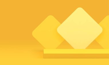 Ürün sunumu için 3d podyum kaidesi sarı vitrin gerçekçi vektör illüstrasyonu. Satışlar için eşkenar dörtgen duvar arkaplan minimalist sergi salonu tanıtım görüntüsü