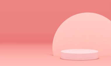 3d pembe pastel silindir podyum kaidesi geometrik sergi odası iç gerçekçi vektör illüstrasyonu. Yarı daire duvar arkaplanı olan şık, zarif kadın görünümü ürün sunumu için modelleme yapıyor