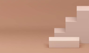 Bej rengi 3d kare podyum kaidesi ve merdiveni ürün için tasarlanmış gerçekçi vektör illüstrasyonu. Alışveriş reklamı için merdiven duvarı arka planına sahip nötr pastel geometrik platform