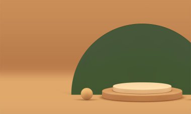 Yeşil yarı daire duvar arkaplan gerçekçi vektör illüstrasyonlu 3d silindir bej podyum. Nötr rendelendirme minimalist kaidesel trend showroom geometrik şekiller sunum için iç mekan