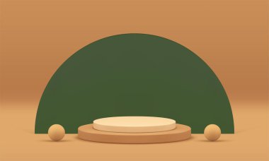 Ürün sunumu için bej 3d vitrin podyumu kaidesi gerçekçi vektör illüstrasyonu. Nötr minimalist estetik ekran silindir platform yeşil yarı daire duvar arkaplanı ve küre