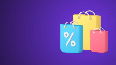 Alışveriş indirimi reklam kağıdı torbası rozet, mevsimlik ticari iş teklifi gerçekçi 3D ikon vektör illüstrasyonu. Kara Cuma fiyatını indirimli satış mağazasından satın al