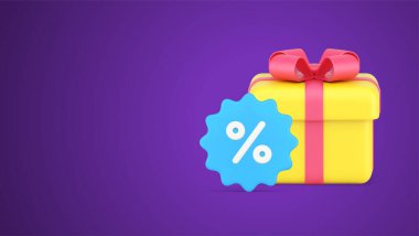 Alışveriş izni indirimi indirimli indirimli paketlenmiş hediye kutusu ve 3D ikon vektör çizimi. Finansal pazarlama müşterileri, ticari reklam fiyatlarını karaborsa tanıtımı fiyatından düşürüyor.