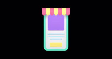 Çevrimiçi alışveriş pazarı akıllı telefon uygulaması 3d simge animasyon döngüsü ve alfa kanalı. İnternet mağazası süpermarket cep telefonu uygulaması tente arabası siber uzay ticari hizmeti