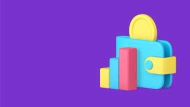 Bütçe yönetimi muhasebe ve finansal analiz 3D vektör pano şablonu. Bankacılık denetimi ekonomi veri tablosu gelir giderleri ve kazanç analizi cüzdan para diyagramı