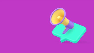 Sosyal medya reklam duyurusu megafon ve konuşma balonu 3d vektör pano şablonu. Reklam kampanyası halka açık mesaj ve ticari haberleşme haber satış tanıtımı