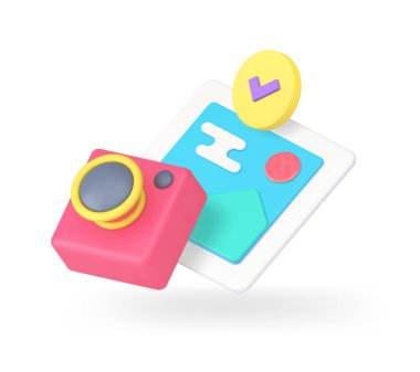 Fotoğraf galerisi fotoğrafçılığı, kamera multimedya resim 3d gerçekçi vektör illüstrasyonu. Dijital fotoğraf içeriği kütüphane sosyal medya teknolojisi kontrol işareti