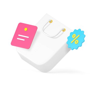 Üzerinde yüzde etiketi ve fatura makbuzu 3d gerçekçi vektör illüstrasyonu olan indirimli kağıt poşet alışverişi. Dükkan Kara Cuma indirimli ticari perakende satış satış ürünleri tanıtımı