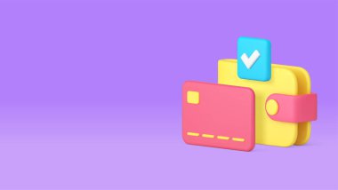 Cüzdan kartı başarısı online ödeme mali denge bütçe alışveriş 3d vektör pano şablonu. Ticari iş ve para dijital para transferi servet bankacılık hesabı kazandırır