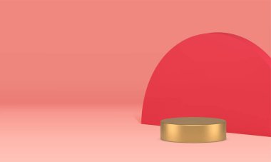Kırmızı duvar arkaplanlı 3D podyum pembe gösteri odası gerçekçi vektör illüstrasyonu. Moda kozmetik ürünleri tanıtımı için lüks, zarif, altın silindir kaide modeli.