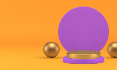 3D lüks mor podyum sarı geometrik şekiller sergi odası gerçekçi vektör illüstrasyonu. Yuvarlak duvar arkaplanı ve sunum için altın küresi olan şık bir silindir vitrini.