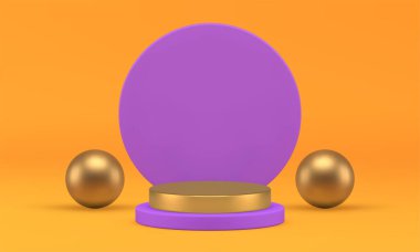 Lüks 3d silindir podyum sunumu gerçekçi vektör illüstrasyonu için modelleme yapın. Mor duvar arkaplanı ve küre, tanıtım için özel altın kaidesi boş, zarif bir sunum.