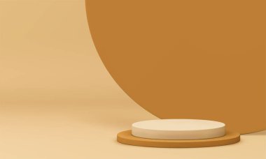 Soyut yuvarlak duvar arkaplanı gerçekçi vektör illüstrasyonlu nötr 3d silindir podyumu. Ürün satış reklamı için bej rengi pastel kaidesel minimalist daire görüntüsü