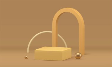 3D bej renkli, kemerli lüks podyum. Ürün modelleme gerçekçi vektör illüstrasyonunu gösteriyor. Nötr pastel kare kaidesel geometrik kemerli duvar arkaplanı ve sunum için altın küre dekor gösterimi