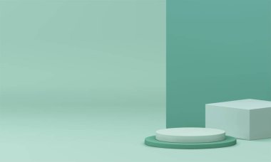 Ürün için Pastel Green 3d geometrik stand podyumu gerçekçi vektör illüstrasyonunu gösterir. Moda minimalist silindir kaidesi kare kare sahne duvarı arkaplanı sunum için görüntü oluşturma