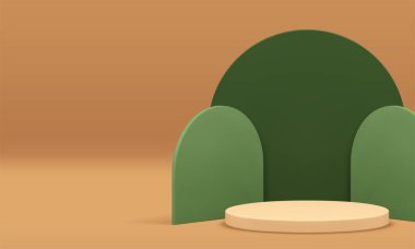 Yeşil geometrik duvar arkaplan gerçekçi vektör illüstrasyonlu 3d bej renkli silindir podyum. Ürün alışverişi için yarı daire şekilli nötr pastel yuvarlak stand kaidesi sunumu
