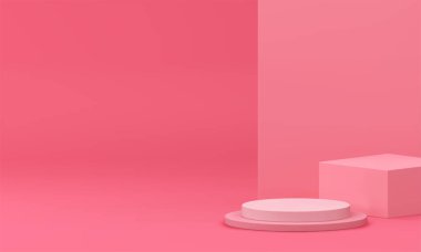 Pembe 3D podyum, güzellik kozmetik ürün sunumu için gerçekçi vektör illüstrasyonu için hazırlandı. Zarif kadınsı geometrik şekiller sergi salonu iç mekan modası reklamcılık için temel oluşturur