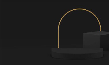 Lüks 3d siyah geometrik podyum kaidesi ürün için modelleme gerçekçi vektör illüstrasyonunu gösterir. Promosyon sunumu için altın metalik kemer kaplama arka planlı koyu renkli birinci sınıf sahne görüntüsü