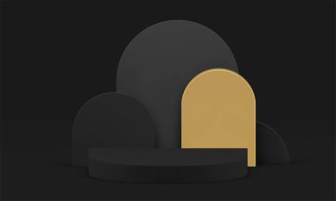Altın geometrik duvar arkaplan gerçekçi vektör illüstrasyonlu 3D siyah podyum. Pahalı erkek ürün sunumu için lüks koyu yarı daire sütun zarif premium sunum sunumu