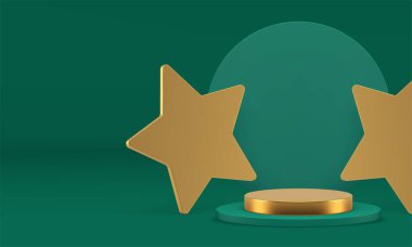 3d yeşil silindir podyumu ve sunum için altın yıldızlar gerçekçi vektör illüstrasyonu. Şatafatlı, zarif kaidesi ve yuvarlak duvar arkası moda şenlik alışveriş satışı ürün reklamını taklit ediyor.