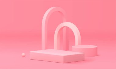 Kozmetik ürün için 3D pembe podyum kaidesel geometrik model gerçekçi vektör illüstrasyonunu gösteriyor. Silindir duruşu ve tanıtım için kemer duvar arkaplanı olan zarif kadın dikdörtgen platformu