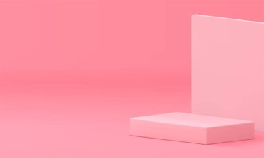 Reklam amaçlı gerçekçi vektör illüstrasyonu için duvar arkaplanı olan pembe 3d dikdörtgen podyum kaidesi. Zarif kadın pastel reklam vitrinleri güzellik kozmetik satış sunumunu taklit ediyor.