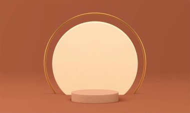 Lüks bej renkli 3d silindir podyum ürün sunumu için maket gerçekçi vektör illüstrasyonu. Tarafsız pastel zarif kaide, yuvarlak duvar zeminiyle altın dekoratif çerçeve.
