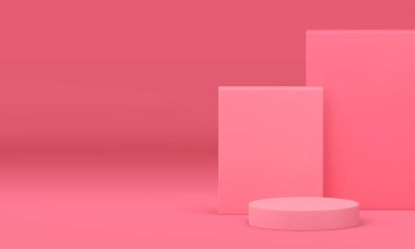 3D pembe podyum gösterisi güzellik kozmetik ürünleri sunumunda gerçekçi vektör illüstrasyonları için hazırlandı. Reklam için dikdörtgen duvar arkaplanı olan zarif kadın modayı silindir kaidesi