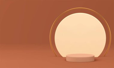 3d silindir podyum bej renkli lüks sahne gerçekçi vektör illüstrasyonları için hazırlanıyor. Yuvarlak duvar arkaplanı ve sunum için altın dekoratif unsuruna sahip nötr pastel kaide