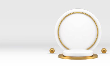 Lüks 3d podyum kaidesi beyaz sergi salonu gerçekçi vektör illüstrasyonunu göstermek için. Sunum için küresi ve yuvarlak duvar arkaplanı olan zarif geometrik vitrin altın silindir standı