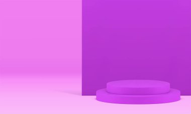 Mor 3d silindir basamaklı podyum ürün sunumu için maket gerçekçi vektör illüstrasyonu. Mor yuvarlak kaidesel modaya uygun dekorasyon sahne eflatunu sergi salonu duvarın arka planında
