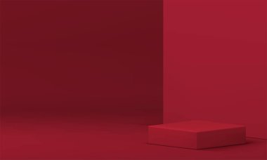 3d kırmızı showroom kare podyum ürün sunumu için gerçekçi vektör illüstrasyonu. Ticari reklam alanı kaidesi ve duvar arkası promosyon gösterisi için modelleme modayı