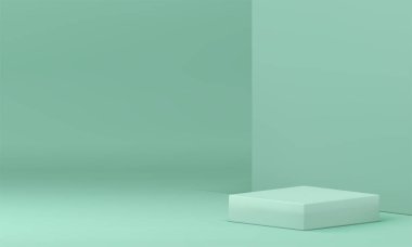 Yeşil 3D sergi salonu uzay podyumu kozmetik ürün gerçekçi vektör illüstrasyonları için hazırlanıyor. Reklam ekranı kare kaidesi ile duvar arkaplanı ticari vitrin oluşturma