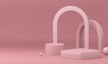 3d pembe çıplak podyum geometrik ekran gerçekçi vektör illüstrasyonu için hazırlanıyor. Ürün gösterimi için sahne kare silindir kaidesi ve kemer duvar arkaplanı ve küresi modayı