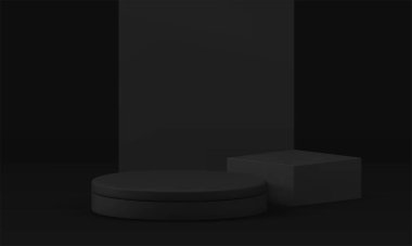 Reklam amaçlı gerçekçi vektör illüstrasyonu için duvar arkaplanı olan siyah 3d podyum kaidesi. Ürün gösterisi için koyu minimalist estetik silindir kare sahne ticari görüntüsü