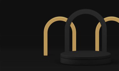 Altın kemerli arka plan gerçekçi vektör illüstrasyonlu siyah 3d podyum kaidesi. Premium ürün sunumu için koyu renkli silindir platform şık lüks reklam vitrini